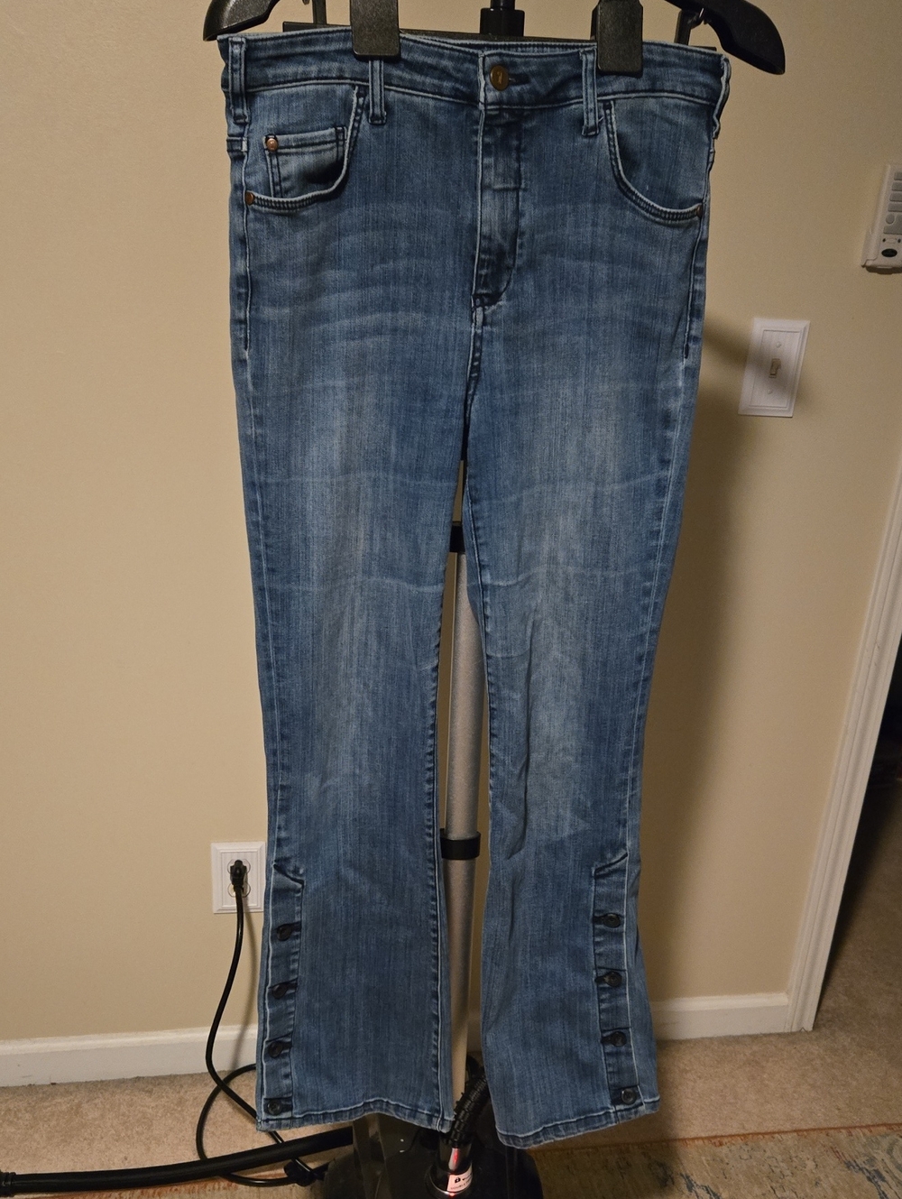 Anthropologie Medium Blue Flare Jeans with Button Trim